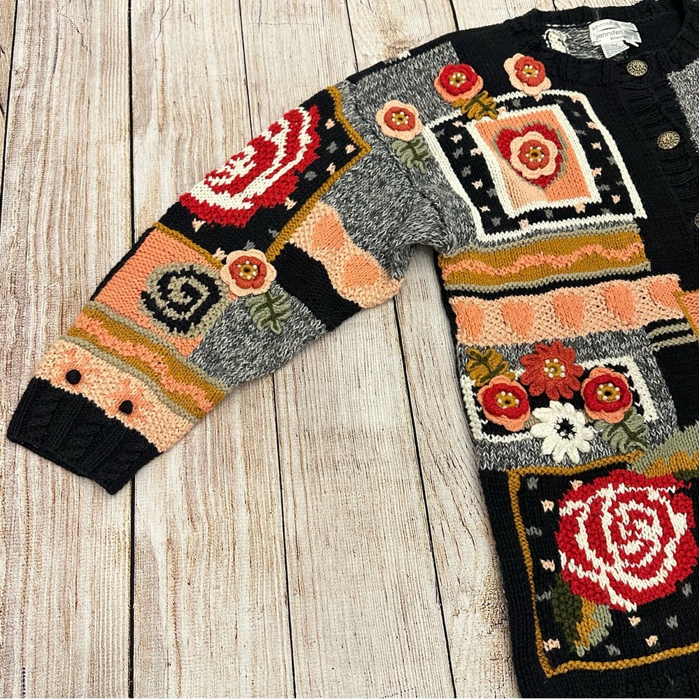 Vtg Floral Patchwork Cardigan Sweater Small Cottagecore 90s Chunky Knit Ramie - Picture 2 of 6